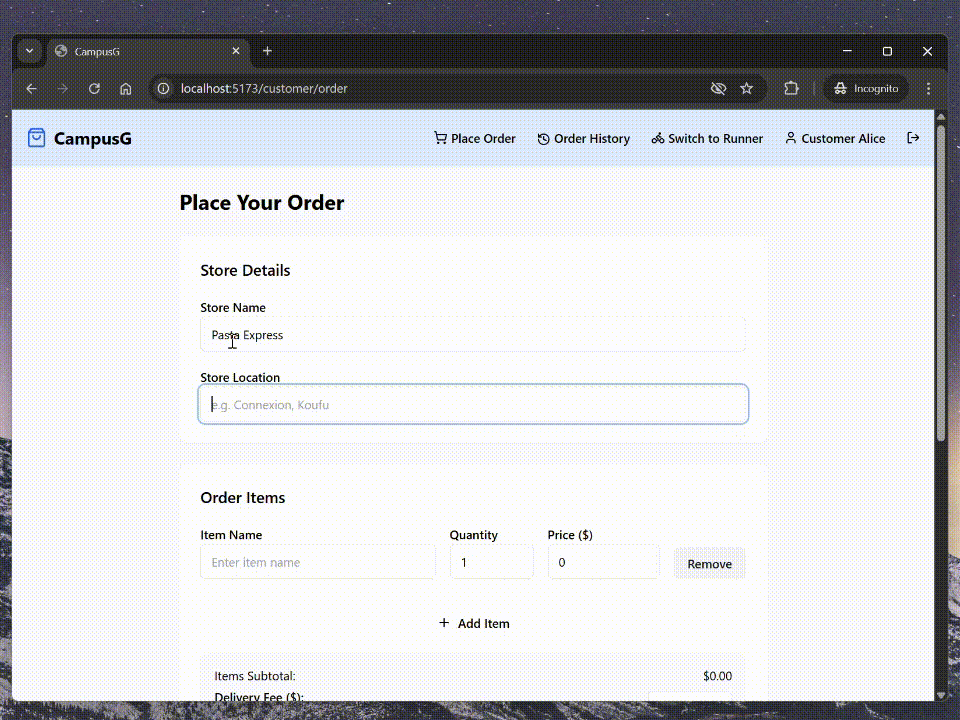 CampusG placing an order demonstration